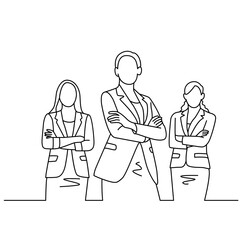 Three businesswomen drawn in linear style. teamwork and business concept. flat vector illustration isolated on white background