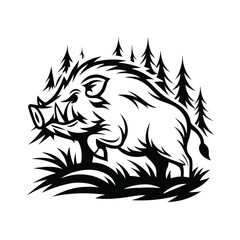 Black Silhouette of Wild Boar Running Through Forest with Tall Trees and Grass