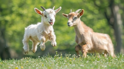 Obraz premium A baby goat jumping playfully beside its mother
