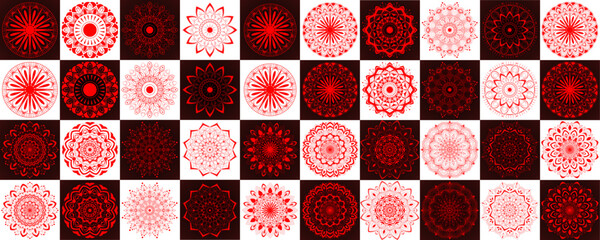 Naklejka premium Mandala set with creative shape for greeting, card, brand, business, Halfon, packaging, wish, gift card, template, decoration | Abstract floral icon set with black-white background red stroke 40 shape