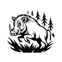Monochrome Boar Silhouette, Wild Pig Jumping, Forest Backdrop, Bold Line Design Style