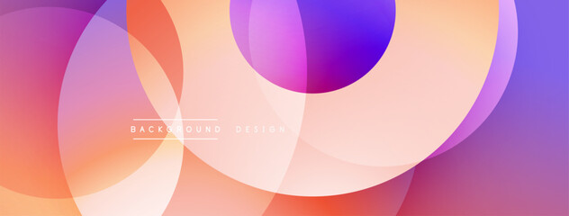 Abstract circles overlap, creating vibrant gradients. Peach, purple, orange hues blend seamlessly. Modern design element.