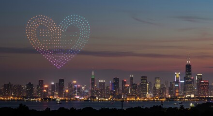 Heart shape light show from drones over a city skyline at sunset showing love and celebration, drone air show event for holiday concept