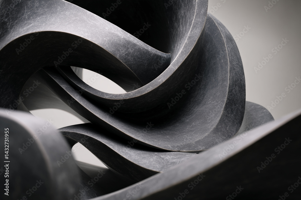 Poster abstract dark gray stone sculpture with smooth, curved forms creating a sense of movement and flow, 