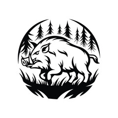 Black & White Boar Silhouette with Forest, Running Wild Hog Icon, Detailed Animal Art