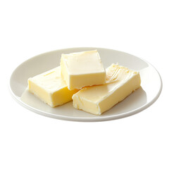 Fresh butter placed on a transparent plate showcasing its smooth texture against a minimalist background, butter in plate on transparent background