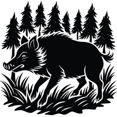 Black Silhouette Wild Boar Walking, Forest Trees, Tall Grass, Wildlife, Nature