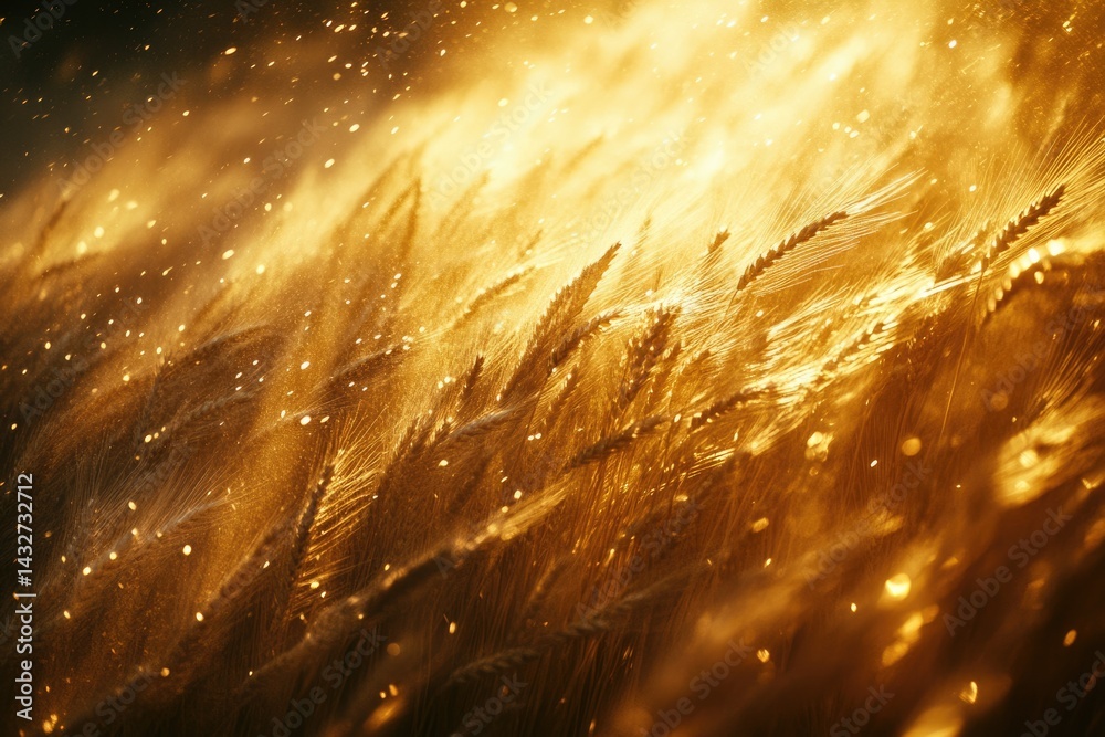Poster golden wheat field bathed in sunlight, sparkling with dust particles, evokes feelings of warmth and 