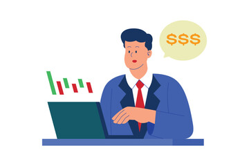 Business Crypto Trader. Stock Trading Profit. Flat Cartoon Vector Illustration