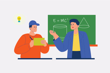 Teacher Giving Lesson to Student. Teaching math at blackboard. Flat Cartoon Vector Illustration