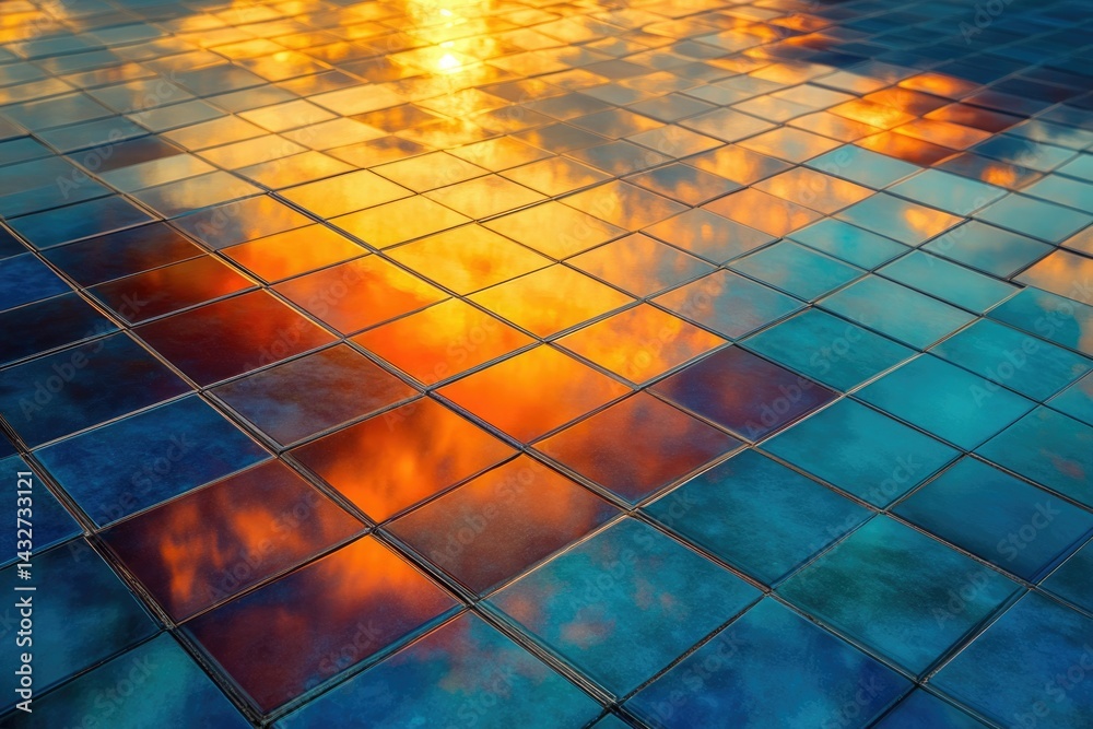 Leinwandbilder Sunset reflected on a tiled surface, creating a vibrant and colorful mosaic pattern.