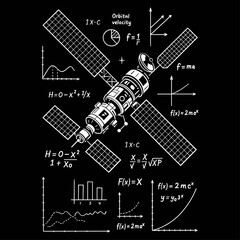 Space satellite, orbital station surrounded by mathematical equations and graphs, symbolizing complex calculations for space technology, a concept of physics and engineering.