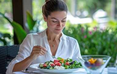 Woman Dining on Healthy Food at Outdoor Hotel Restaurant Terrace