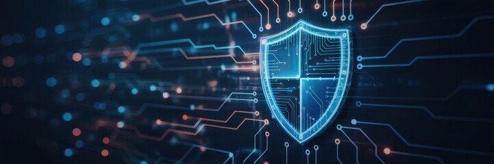 Digital shield graphic overlaying circuit board design