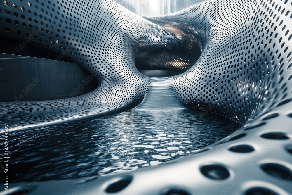 Leinwandbilder Abstract metallic architecture with flowing water feature, creating a futuristic and serene ambiance.