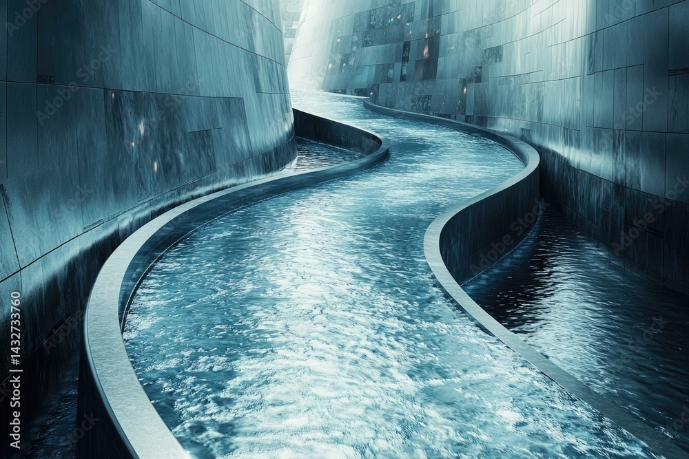 Aufkleber a winding water channel flows through a modern, concrete structure, creating a serene and architectu