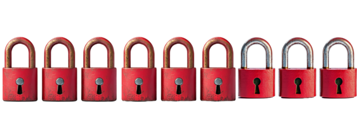 A set of three red padlocks in different angles, showcasing front and side views, isolated over a clean, white background