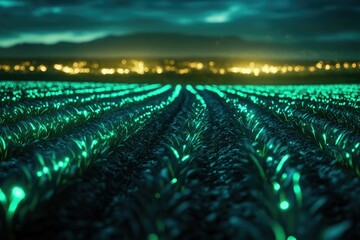 Fototapeta premium Glowing plants illuminate a field at night, city lights in the background. Futuristic agriculture.