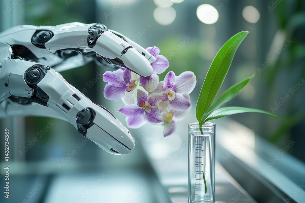 Fototapete a robotic arm delicately interacts with a vibrant orchid in a lab setting, showcasing advancements i