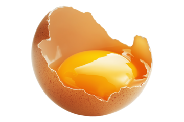 Close-up of cracked brown egg with yolk inside eggshell, isolated on white transparent background. Concept of Easter, food, fertility, and organic nutrition