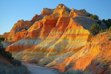 Striking layers of colorful sandstone create a breathtaking landscape under the warm sunlight.