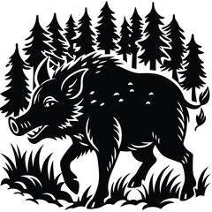 Black Silhouette Wild Boar Walking Among Pine Trees and Grasses in Forest on White