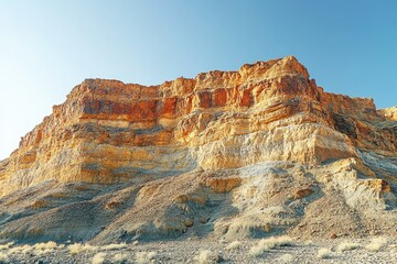 Fototapeta premium A majestic desert cliff face, showcasing layered sandstone in warm, earthy tones under a clear blue sky.