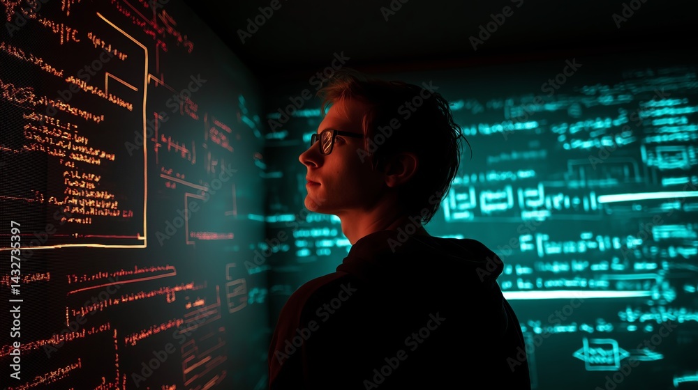 Poster Young coder in a dark room lit by glowing screens of code and logic