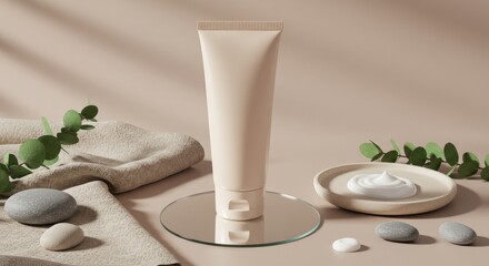 "A modern mockup of a soft-touch skincare lotion tube (100ml), standing vertically on a mirrored surface with soft daylight casting elegant shadows. Color variants include off-white, light clay, and p