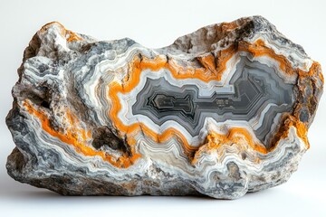 Fototapeta premium Stunning agate geode with intricate, layered banding of gray, white, and vibrant orange hues.