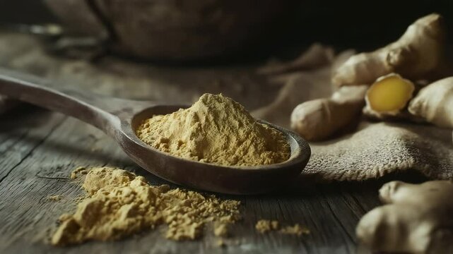 Ginger powder in wooden spoon surrounded by ginger root on a rustic cloth on wooden table	