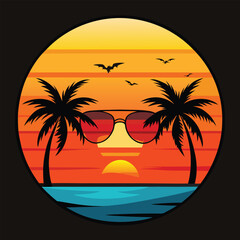 Retro sunset beach scene with palm trees, sunglasses reflection, and flying birds in tropical summer design