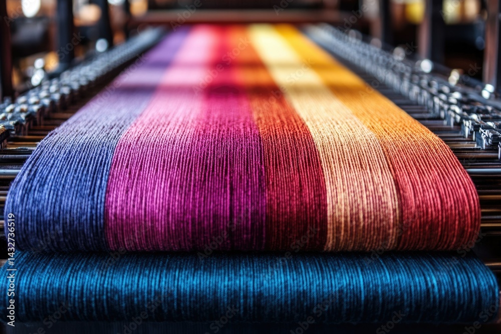Poster multicolored yarn on a loom, showcasing vibrant threads in a weaving process.