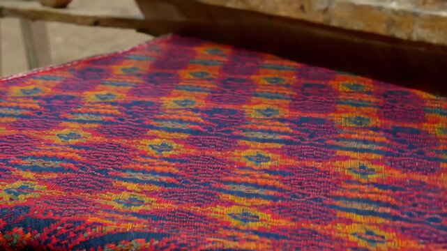 Traditional ikat weaving on wooden loom, close-up of handwoven fabric in vibrant red, orange, blue, and yellow, Southeast Asian textile, soft blurry pattern from dyed threads, artisanal craft texture.