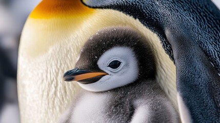 Naklejka premium A baby penguin chick nestled under its parentâ€™s belly for warmth