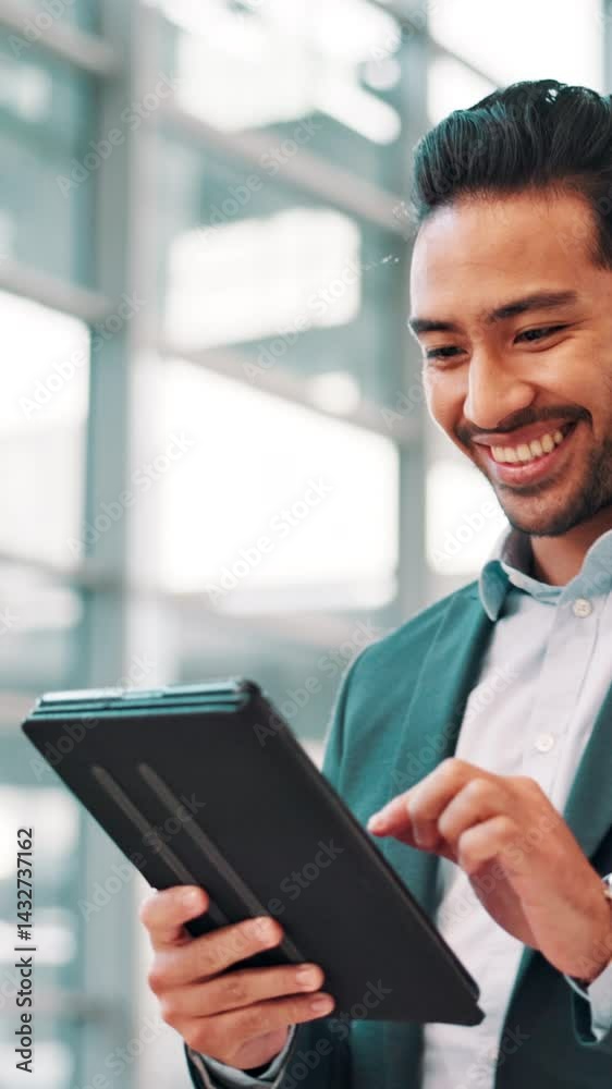 Poster man, business and tablet in building for connection, meeting schedule or happy at conference venue. 