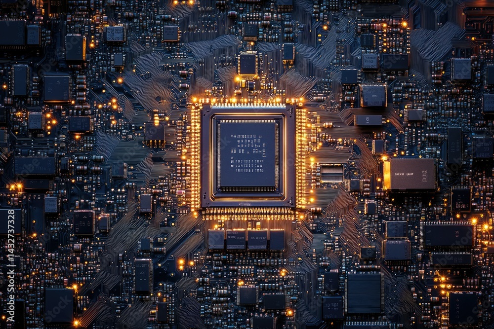 Poster Close-up view of a circuit board with a central processor, showcasing intricate electronic components and glowing connections.