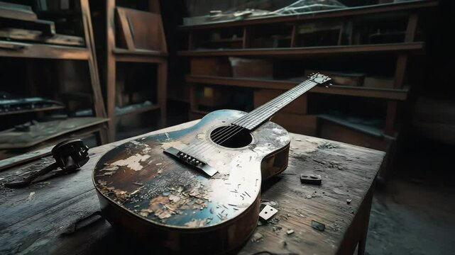 An old, weathered guitar with a broken and peeling wood finish lying abandoned in a dusty, cluttered storage room, The passage of time concept	