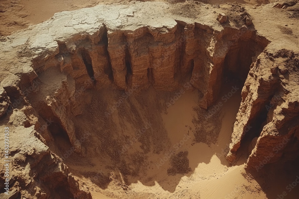 Poster aerial view of a desert canyon with eroded rock formations creating a unique geological landscape.