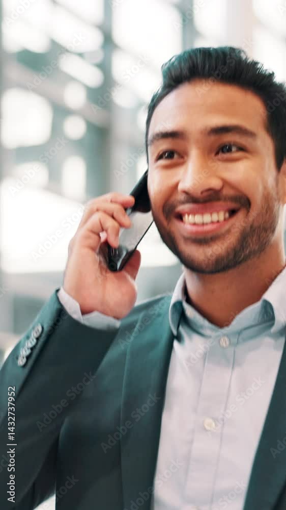 Poster phone call, walking and man with smile, office and conversation for listing of property and plan. bu