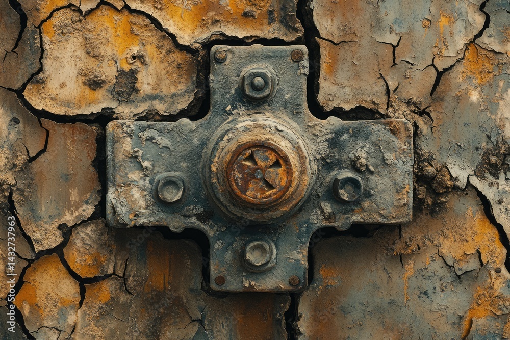 Leinwandbilder rusty metallic cross-shaped object attached to a heavily cracked and weathered surface.
