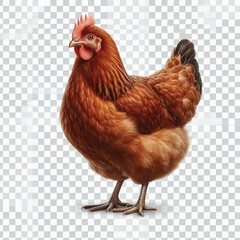Full Body Brown Chicken Hen Standing Isolated on White Background with Transparent Cutout