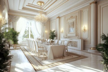 Elegant dining room with white and gold accents, long table set. Perfect for illustrating luxury, interior design, or upscale dining.