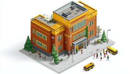 Stylized 3D isometric school building with happy students