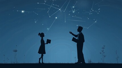 Teacher and student silhouette under a starry sky of knowledge symbols 