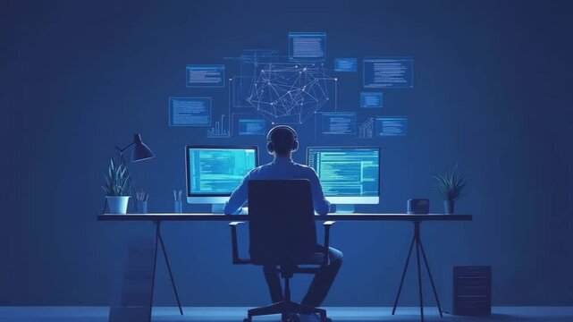 Nighttime Coder: Deep Blue Coding Session in Home Office