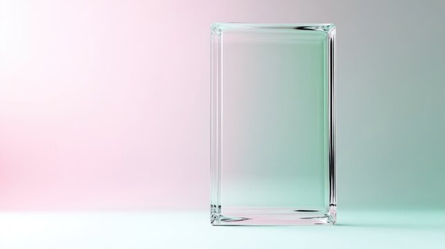 A clear glass block stands on a surface, reflecting and refracting light against a gradient backdrop.