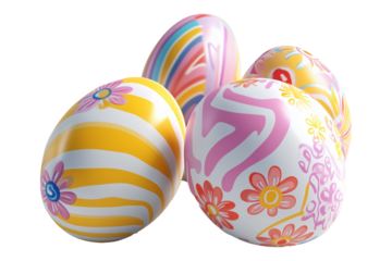 Vibrant Easter eggs with intricate floral and geometric designs in pastel and bright colors isolated on white transparent background, symbolizing Easter celebration