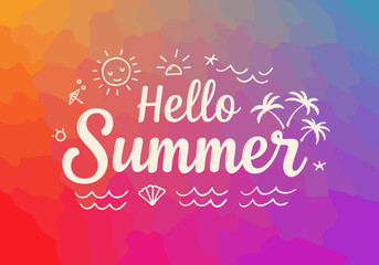 Vibrant summer greeting with sun and palm trees against colorful backdrop  