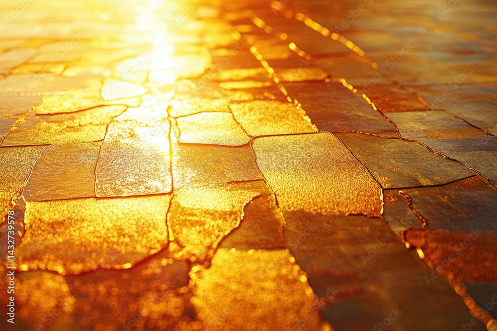Aufkleber golden sunlight illuminates a stone paved path, creating a warm and textured surface.